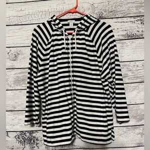 Weekends by Chico’s Striped Zip Hoodie Tunic Size 2 Black White Nautical